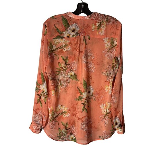 Floral Long Sleeve Sheer Button-Down Shirt Peach & Green Lightweight Boho Top - Picture 3 of 10